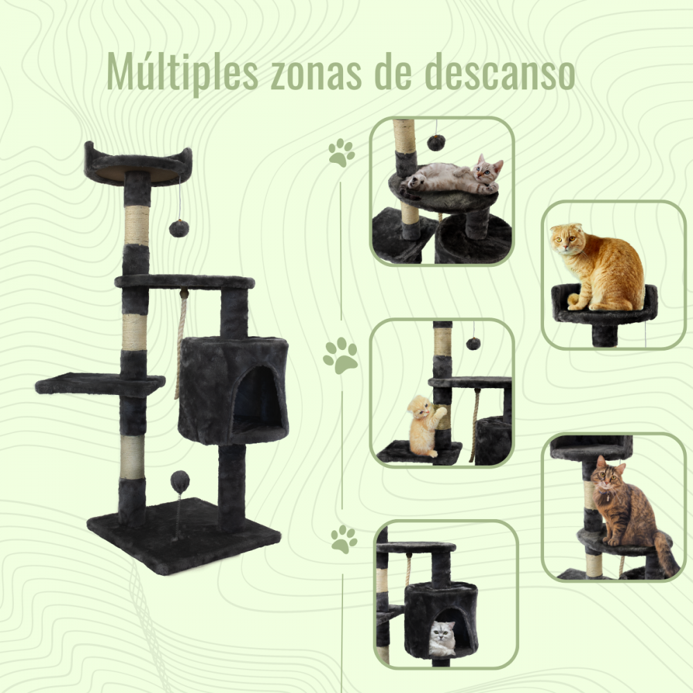 Un árbol para gatos con múltiples niveles y áreas de descanso. Varios gatos se muestran en diferentes posiciones, en el árbol, en un fondo verde.
