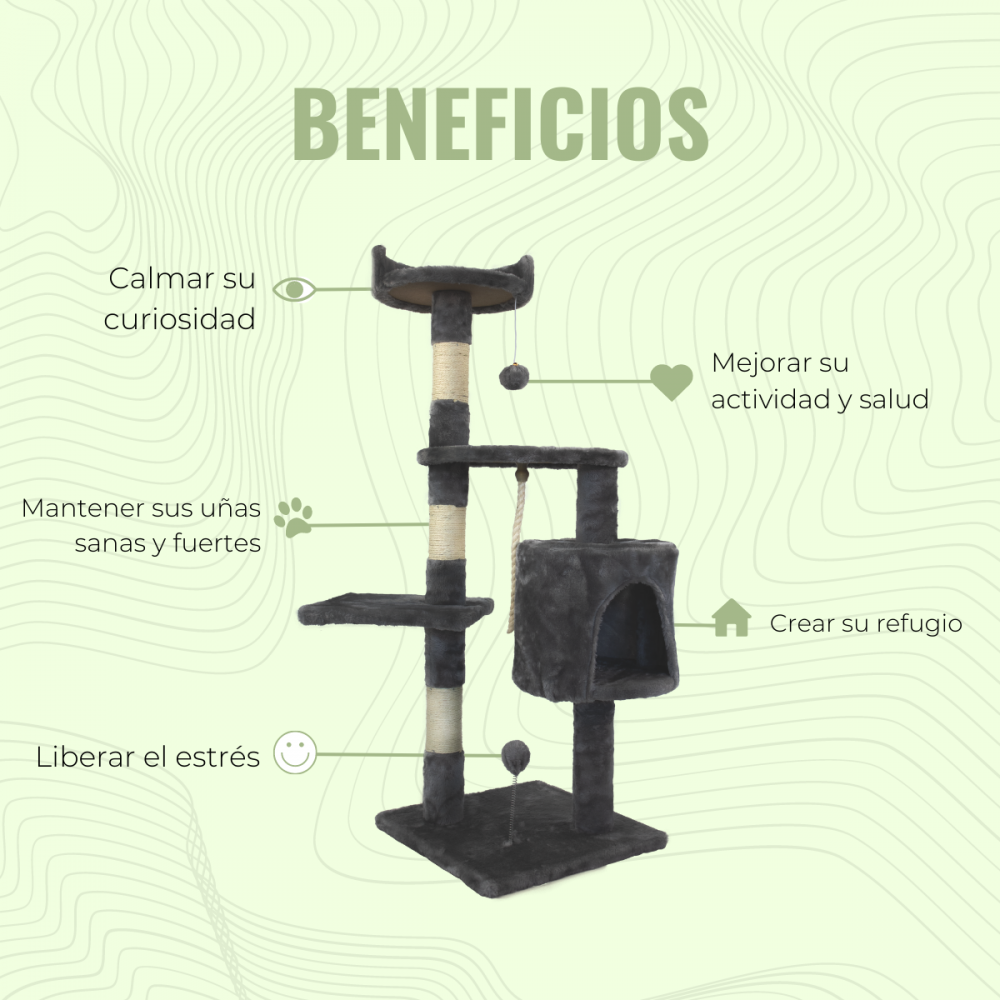 Un árbol para gatos con postes rascadores, plataformas y un escondite. El texto destaca beneficios: curiosidad, salud de uñas, alivio del estrés y refugio.