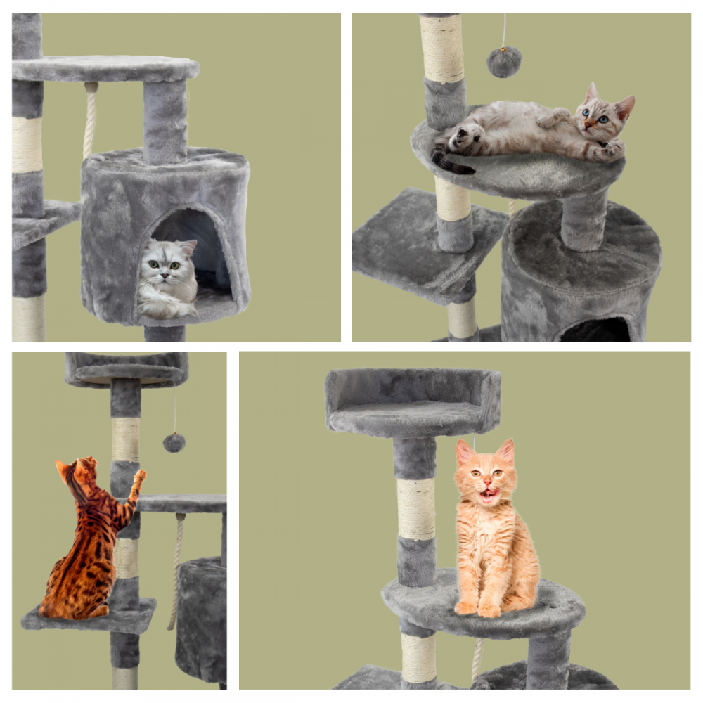 Cuatro imágenes de árboles para gatos con diferentes gatos. Un gato está en una casa, otro está acostado, un tercero jugando y el último lamiéndose.