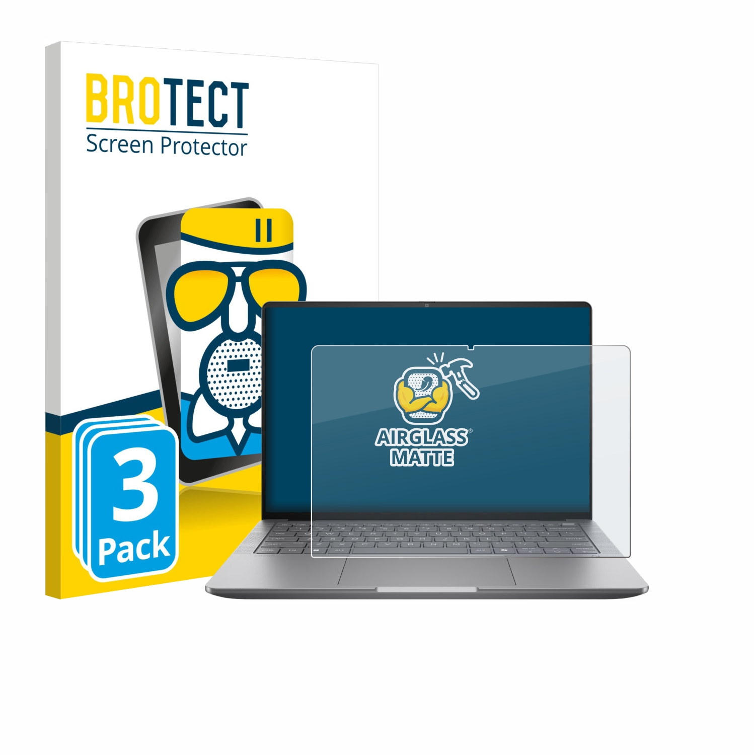 Ein Laptop mit Displayschutz, eine Box mit "3er-Pack" und eine Displayschutzbox mit einer Telefonillustration.