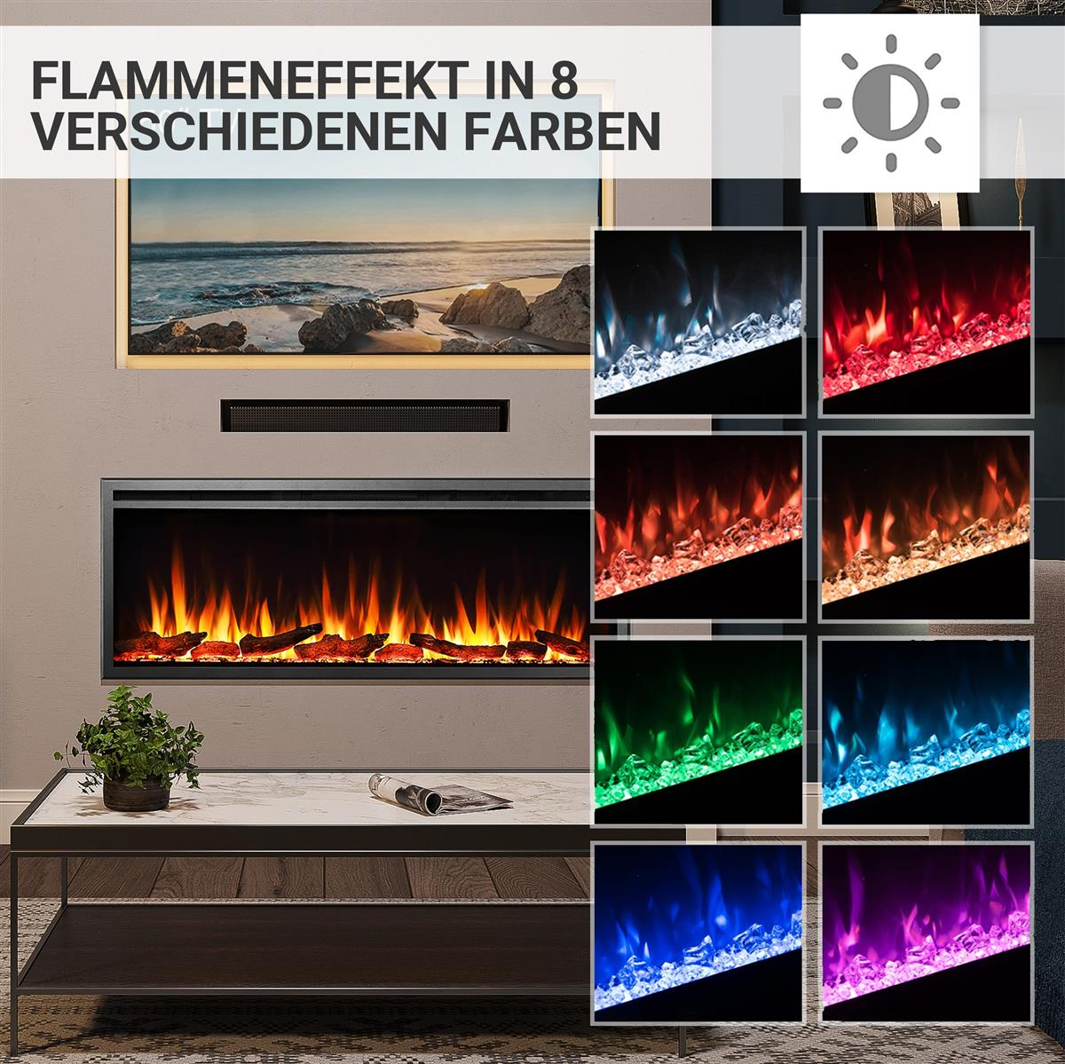 Elektrischer Kamin mit verschiedenen Flammenfarben. Enthält ein Bild an der Wand über dem Kamin. Der Kamin hat einen Marmortisch davor.