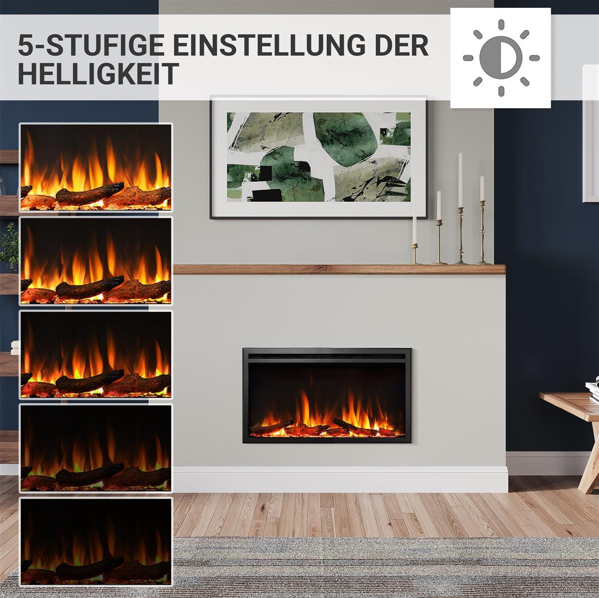 Ein Kamin mit einstellbaren Helligkeitsstufen. Dargestellt sind Flammen, ein Gemälde und Kerzen an der Wand.