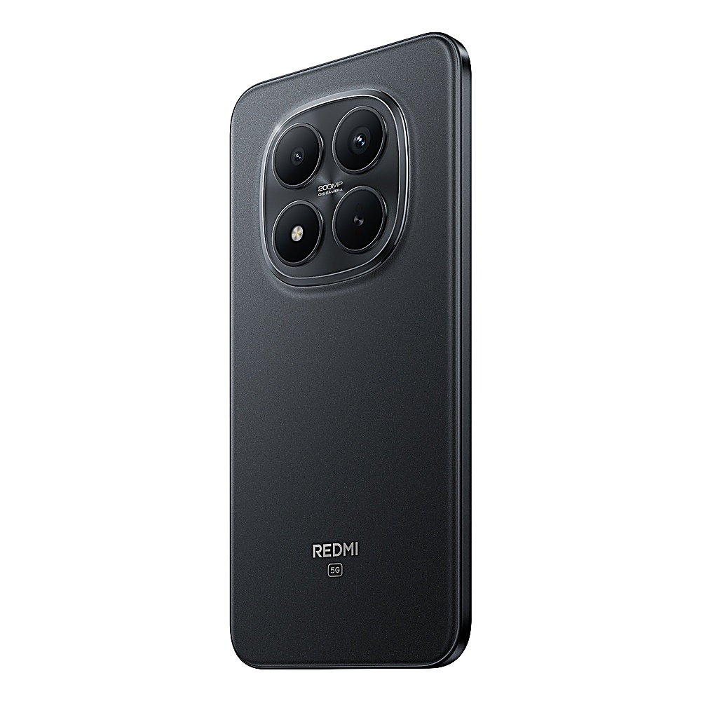 Arrière du smartphone Redmi noir. Comprend quatre objectifs photo. Logo Redmi et marque 5G visibles.