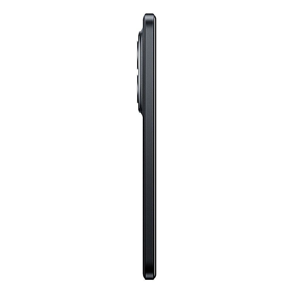 Vue latérale d'un smartphone noir. La bosse de la caméra est visible en haut. Le fond est blanc uni.