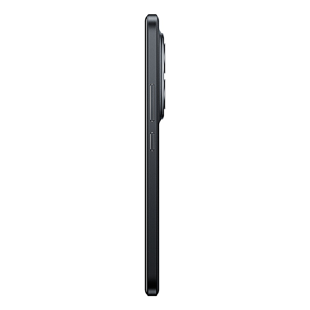 Vue latérale d'un smartphone noir. Des boutons sont visibles sur le côté. Le téléphone est sur fond blanc.