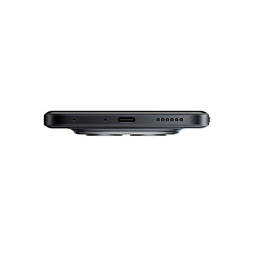 Vue rapprochée du bord inférieur d'un smartphone noir. Il possède un port de chargement, des trous de haut-parleur et d'autres petites ouvertures.