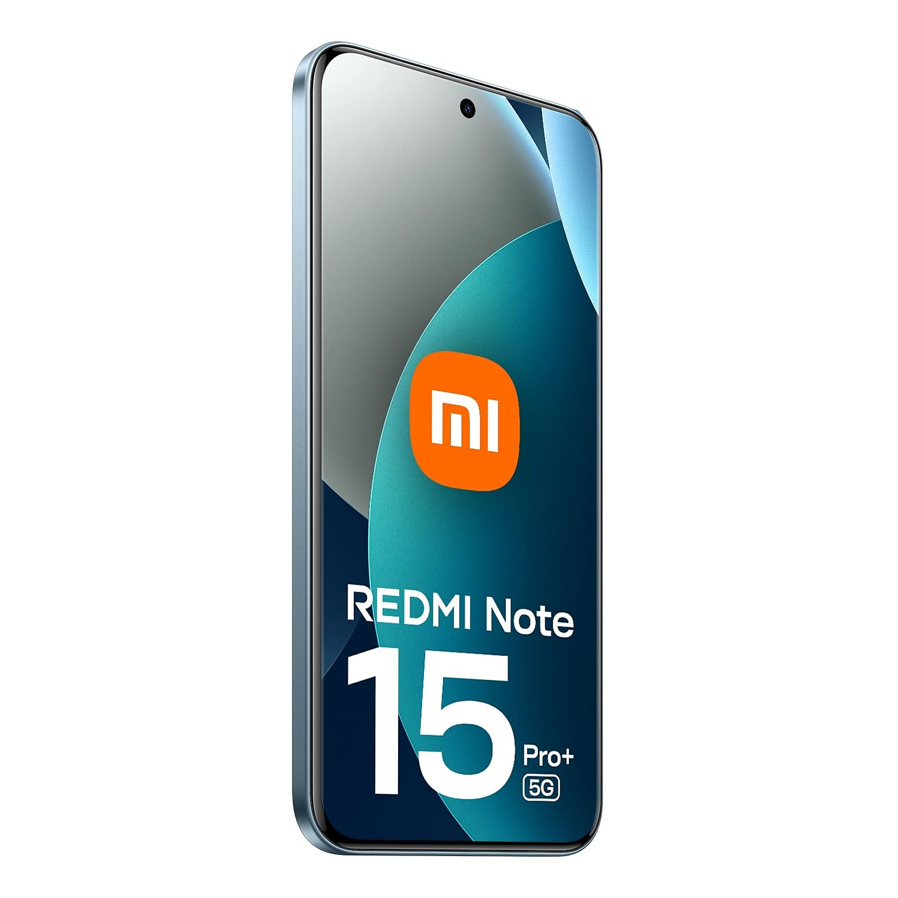 A smartphone with a screen displaying the Redmi Note 15 Pro+ logo. The phone has a blue frame and a white background.