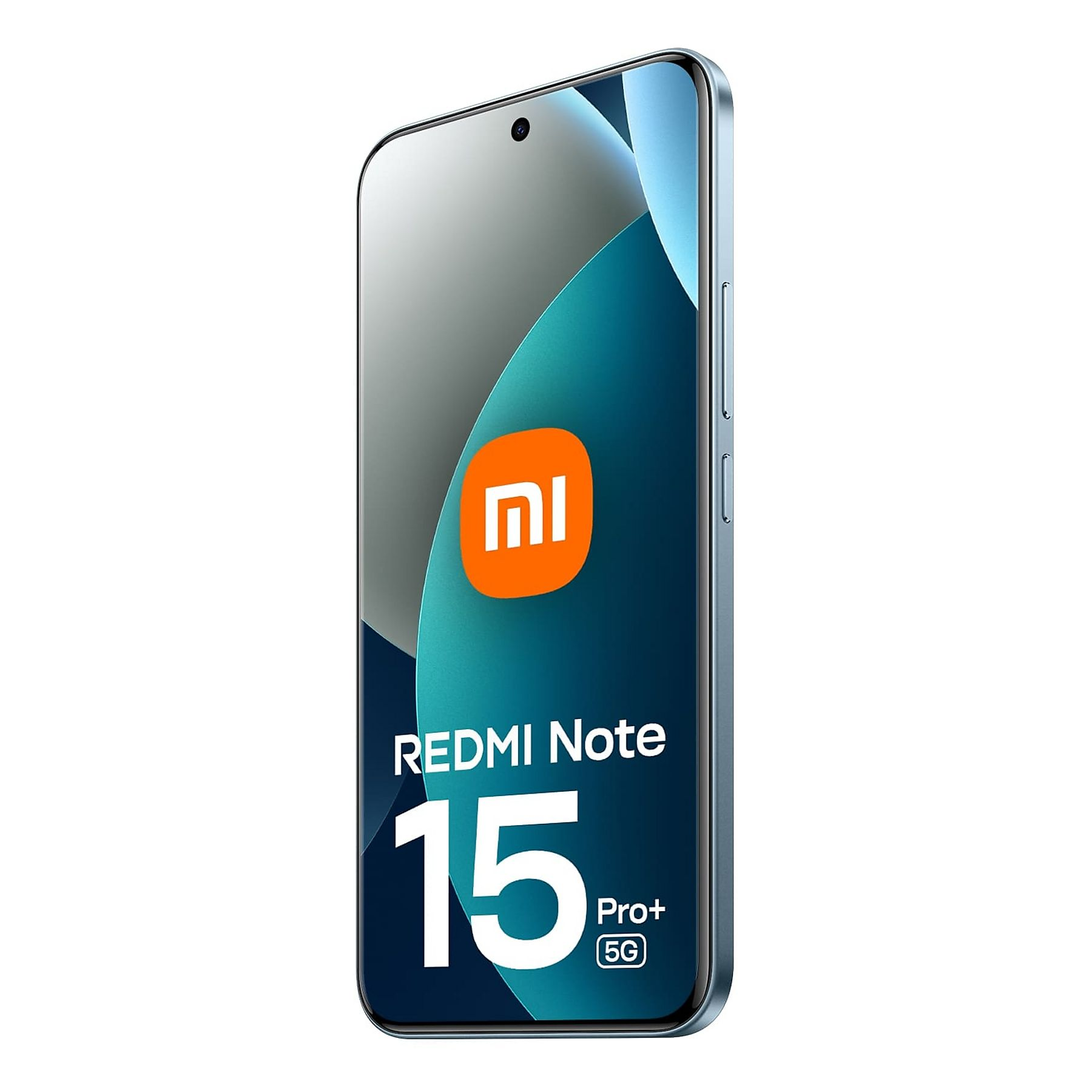 A Redmi Note 15 Pro+ 5G smartphone is shown. It has a blue frame and a screen displaying the Redmi logo and text.