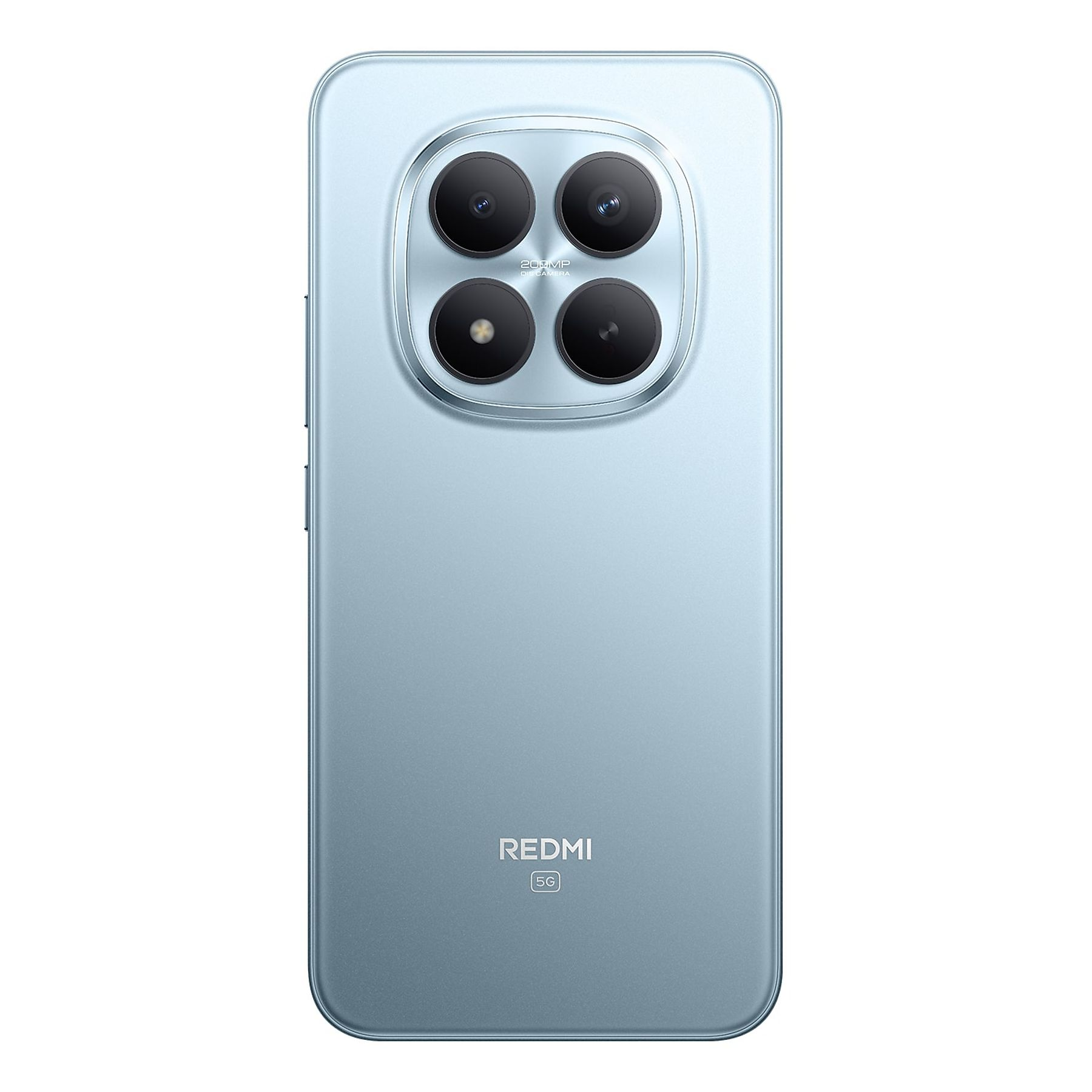 A light blue smartphone back. It has a camera module with four lenses and the Redmi logo.