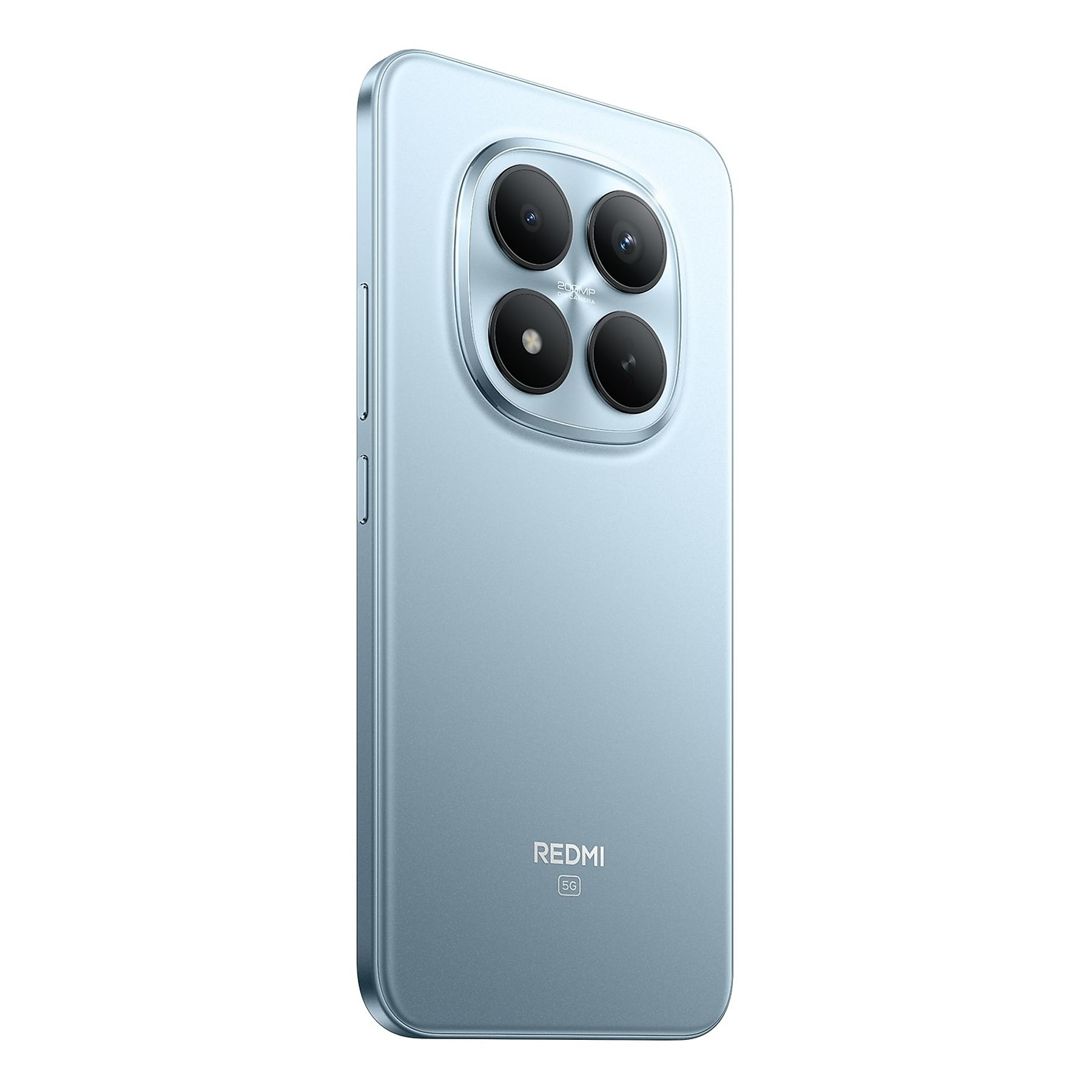 Light blue Redmi phone. It has four cameras and the Redmi logo. The background is white.