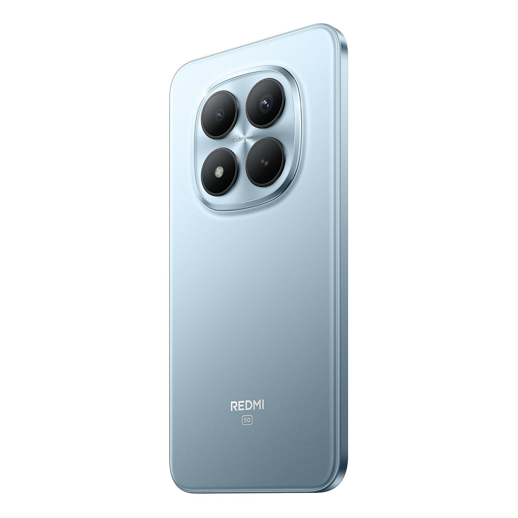 A light blue Redmi 5G phone, rear view. Four black camera lenses at the top, Redmi logo at the bottom.