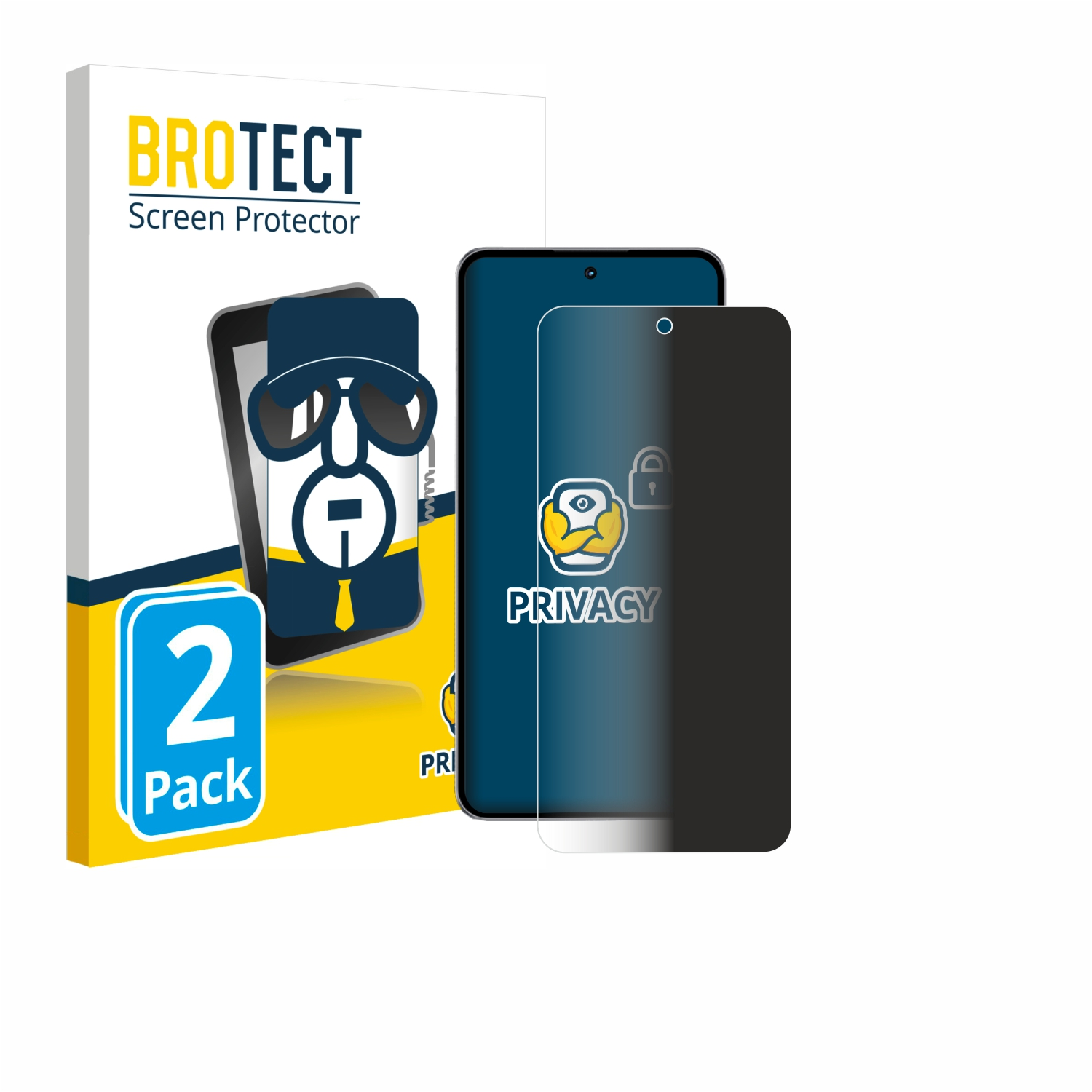 Eine Packung mit Displayschutzfolien für Telefone. Die Box zeigt eine Telefonillustration mit einer Displayschutzfolie. Zwei Schutzfolien sind sichtbar.