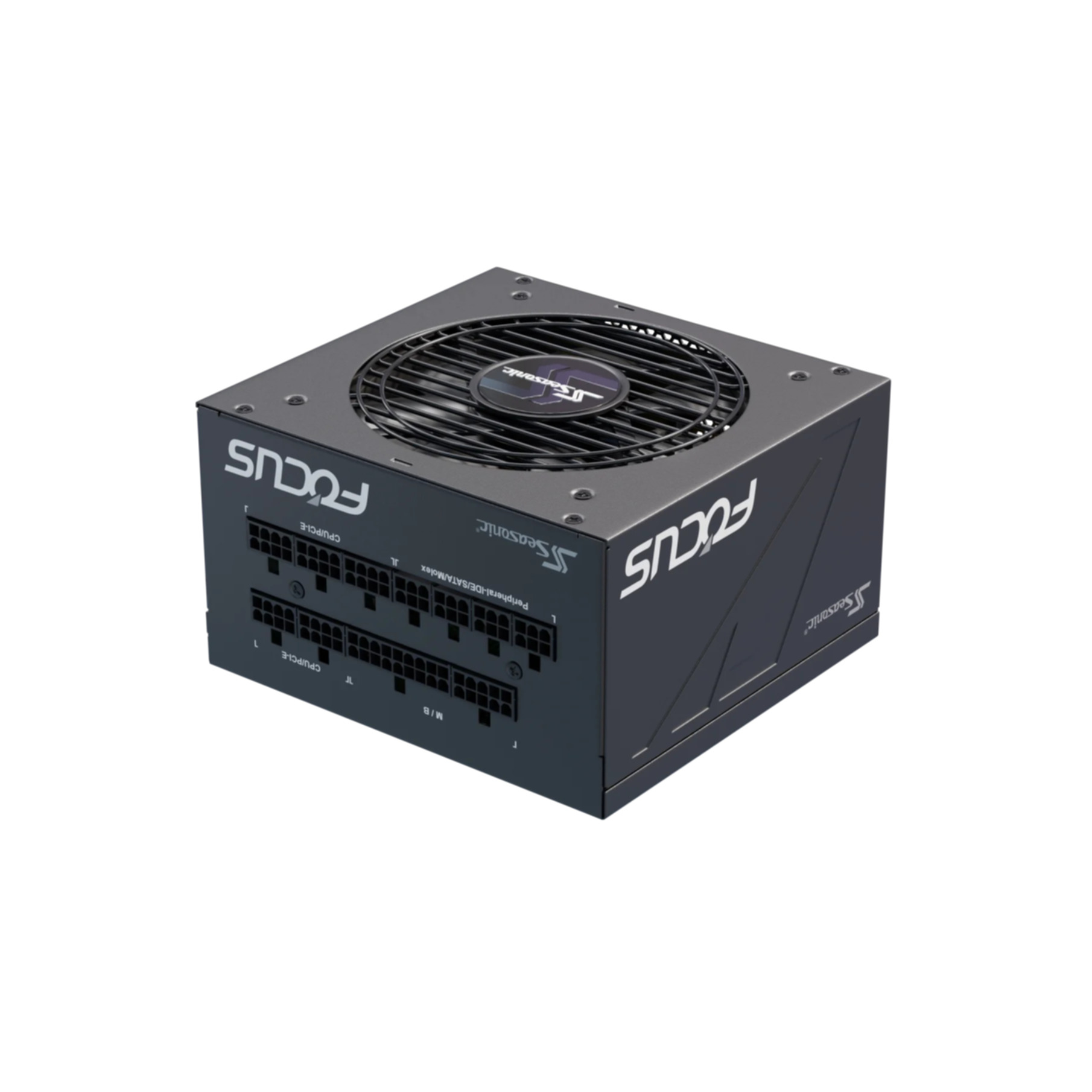 Ciemnoszary zasilacz Seasonic Focus. Ma wentylator na górze, porty i biały napis 'FOCUS'.