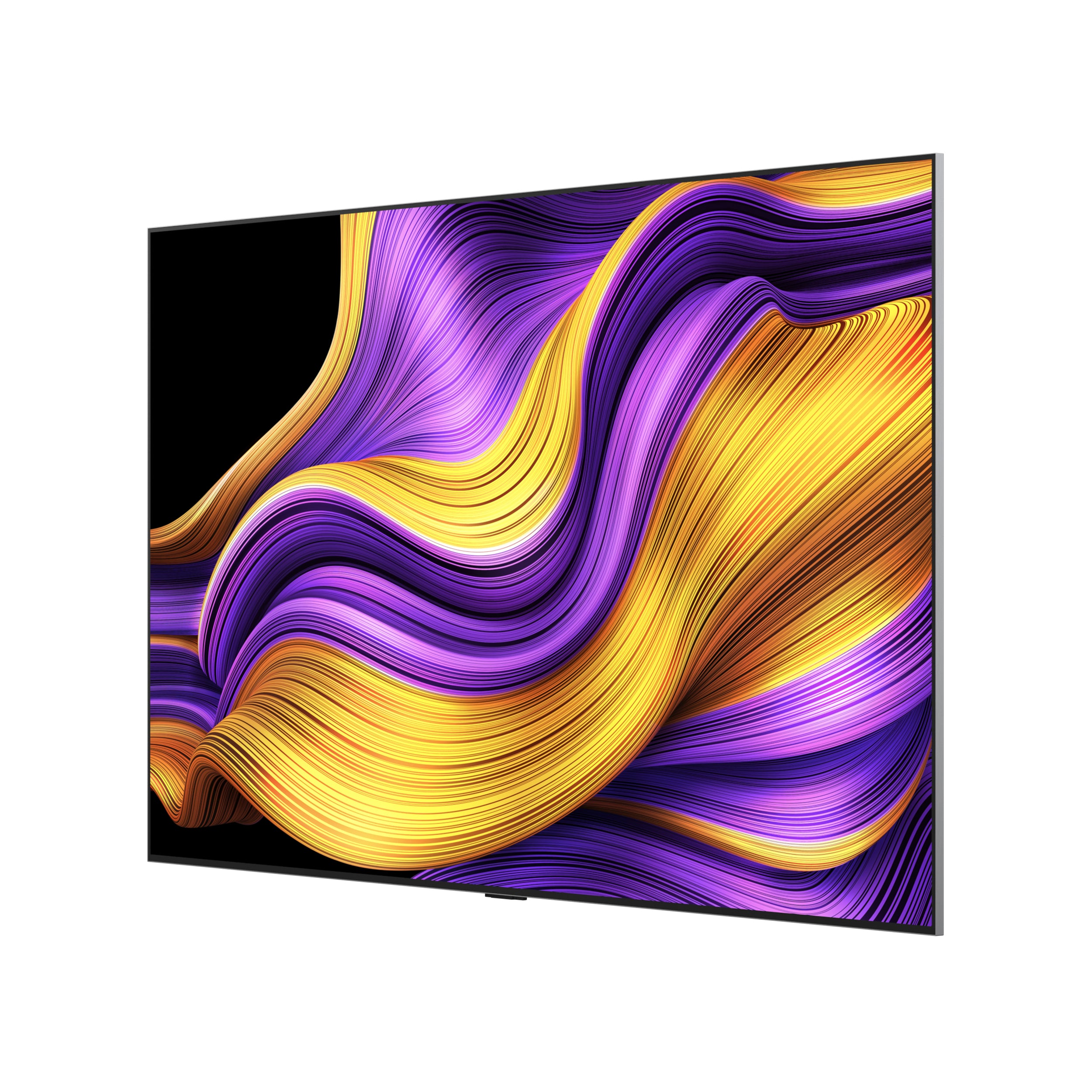 Ein moderner Fernseher zeigt ein lebendiges abstraktes Design aus fließenden gelben und lila Linien.
