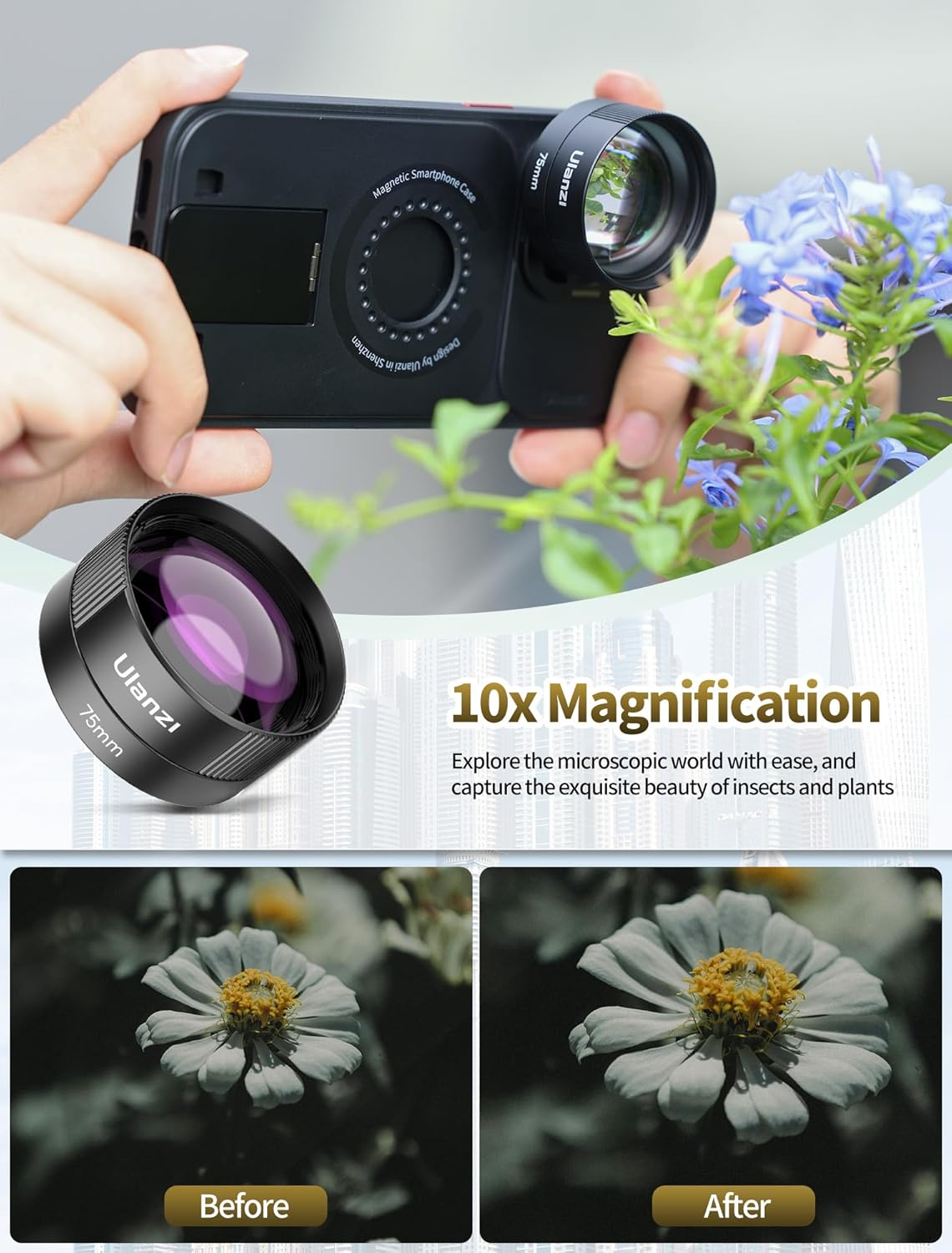 Una persona usa un telefono con un obiettivo per fotografare fiori blu. C'è un primo piano di un obiettivo.