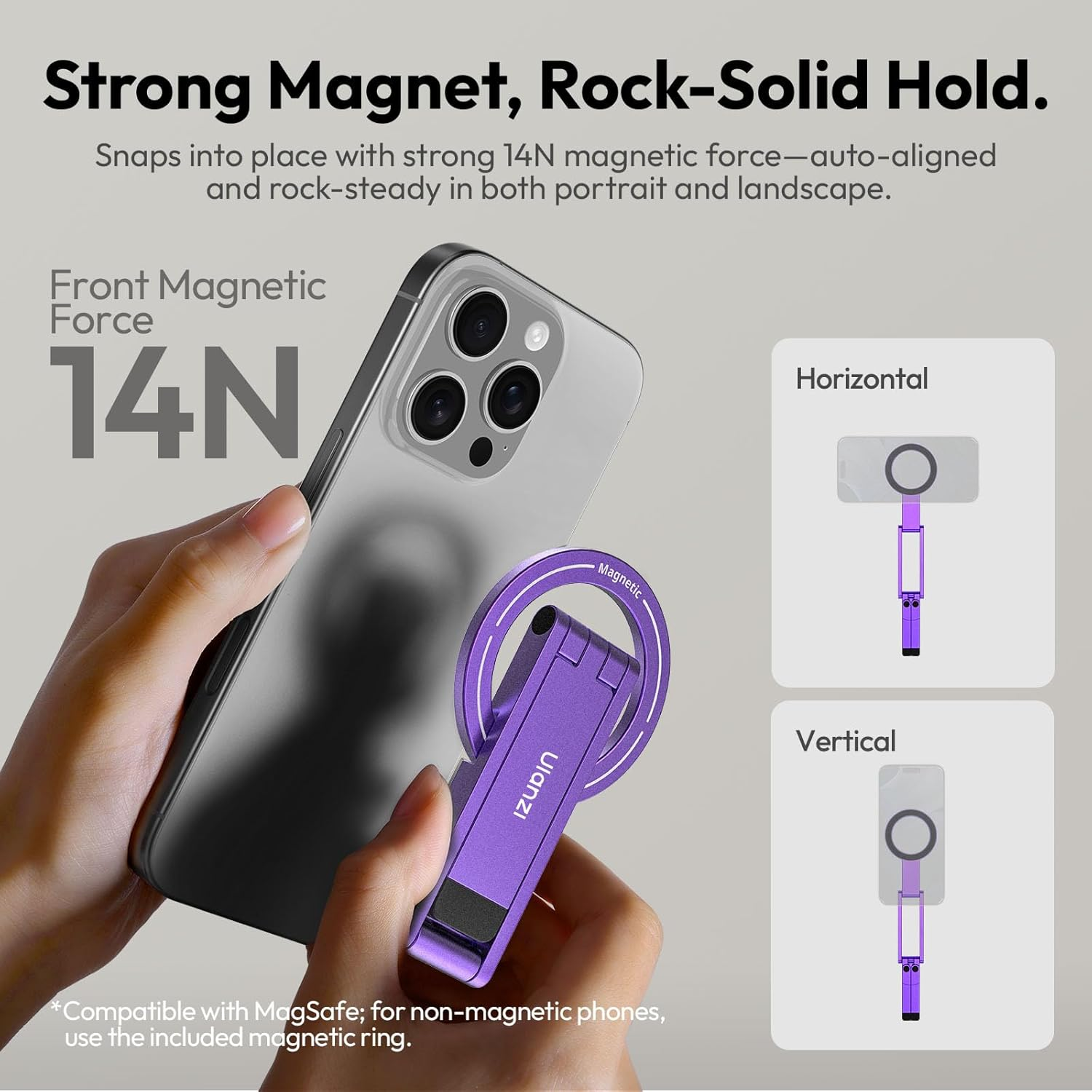 Una mano tiene un telefono con un supporto magnetico Ulanzi viola. Il supporto è collegato al telefono e ha la forma di un anello.