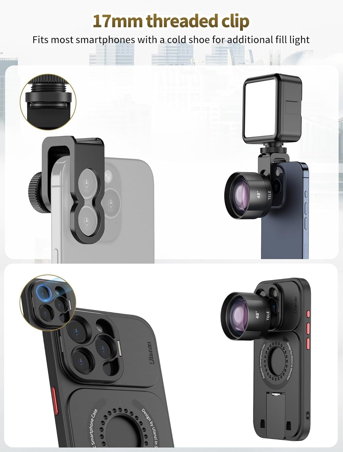 L'immagine mostra uno smartphone con un obiettivo a clip e un accessorio luce di riempimento. Il testo recita 'clip filettata da 17 mm' e 'custodia per smartphone'.