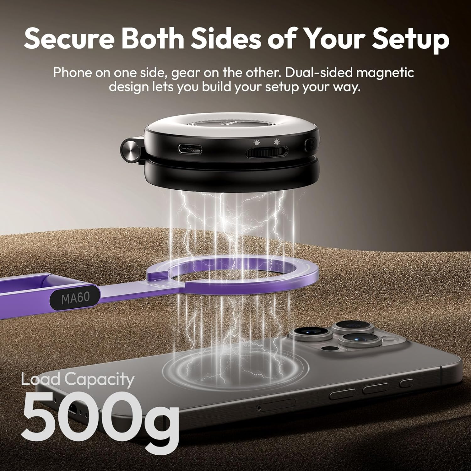 L'immagine mostra un telefono, un dispositivo nero e un supporto magnetico viola con fulmini. Il testo dice 'Secure Both Sides of Your Setup'.