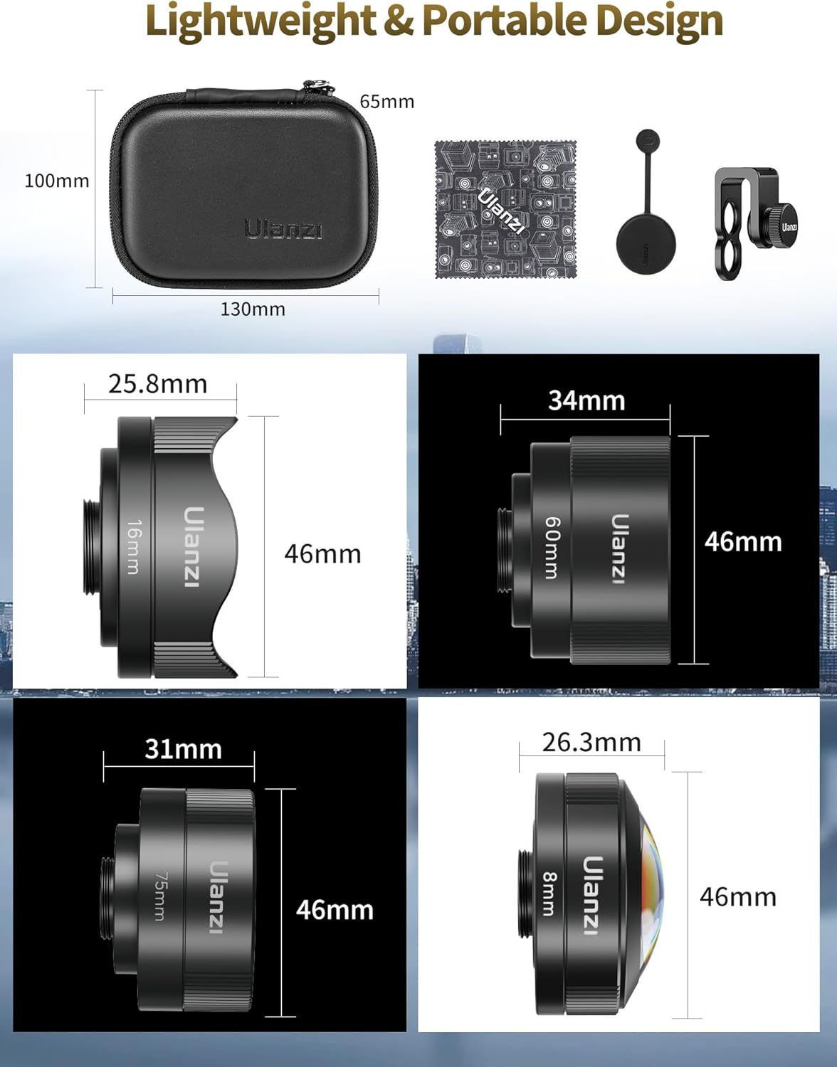 L'immagine mostra accessori per fotocamere, tra cui una custodia, un obiettivo e un panno per la pulizia, con le dimensioni di ogni articolo.