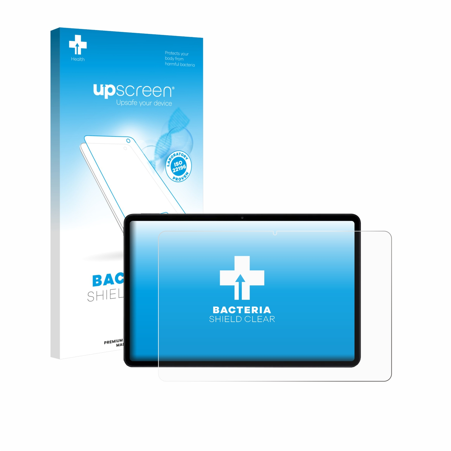 Ein Tablet mit Displayschutzfolie und Verpackung desselben Produkts, mit der Marke 'upscreen' und 'Bakterienschild klar'.