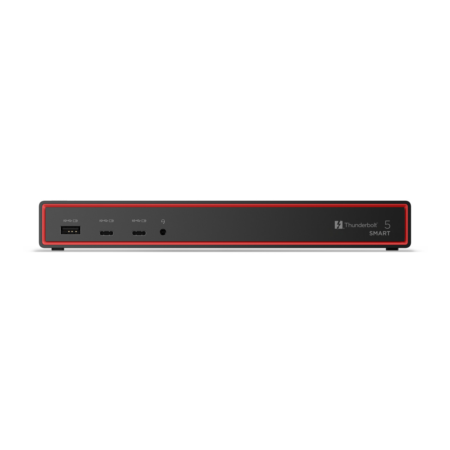 Ein schwarzes und rotes Thunderbolt 5 Smart-Gerät. Es hat mehrere Anschlüsse und den Markennamen auf der rechten Seite.