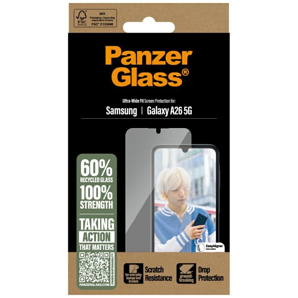 Ochraniacz ekranu PanzerGlass do Samsung Galaxy A26 5G. Opakowanie przedstawia telefon z ochraniaczem i osobę.