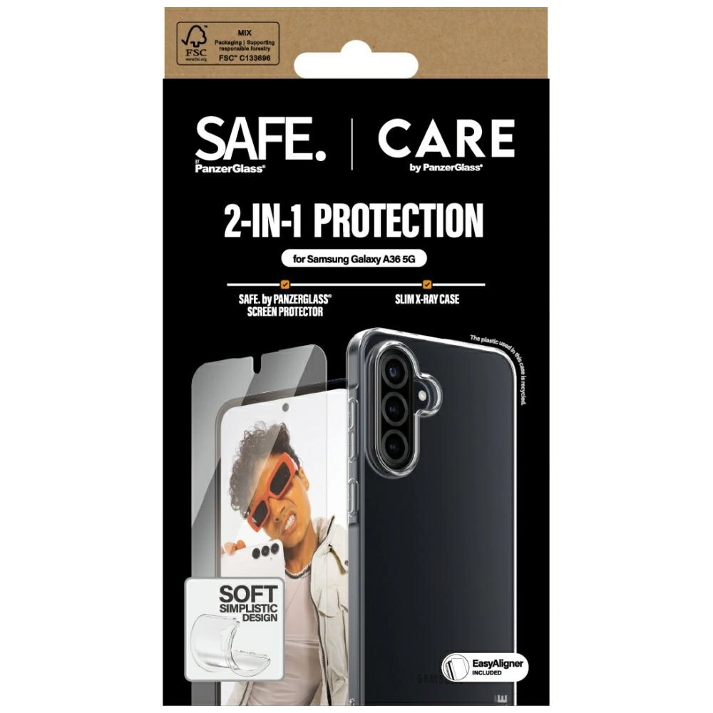 Confezione per protezione schermo e custodia Samsung Galaxy A36 5G. La confezione mostra telefono e protezione.