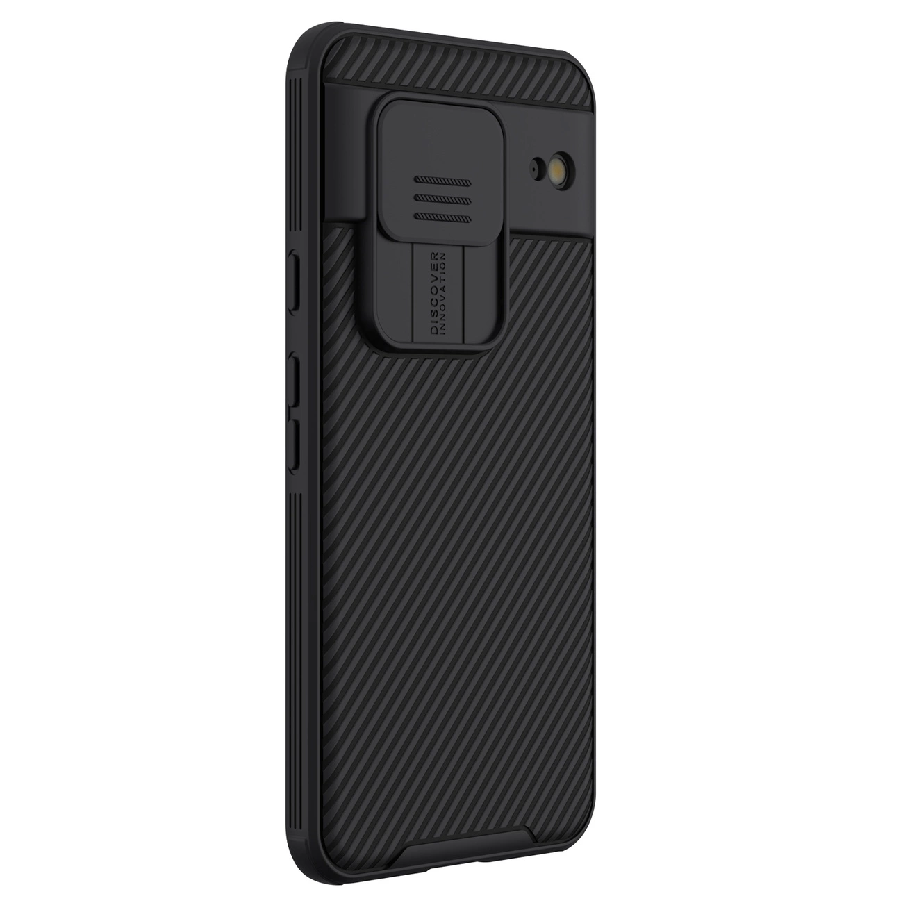 Una custodia nera per telefono con copertura per fotocamera. La custodia ha un retro strutturato con linee diagonali e un'apertura per la fotocamera.