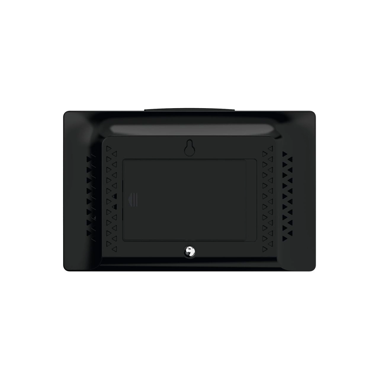 Tył czarnego prostokątnego urządzenia. Posiada trójkątne wzory po bokach i otwór na klucz na dole.