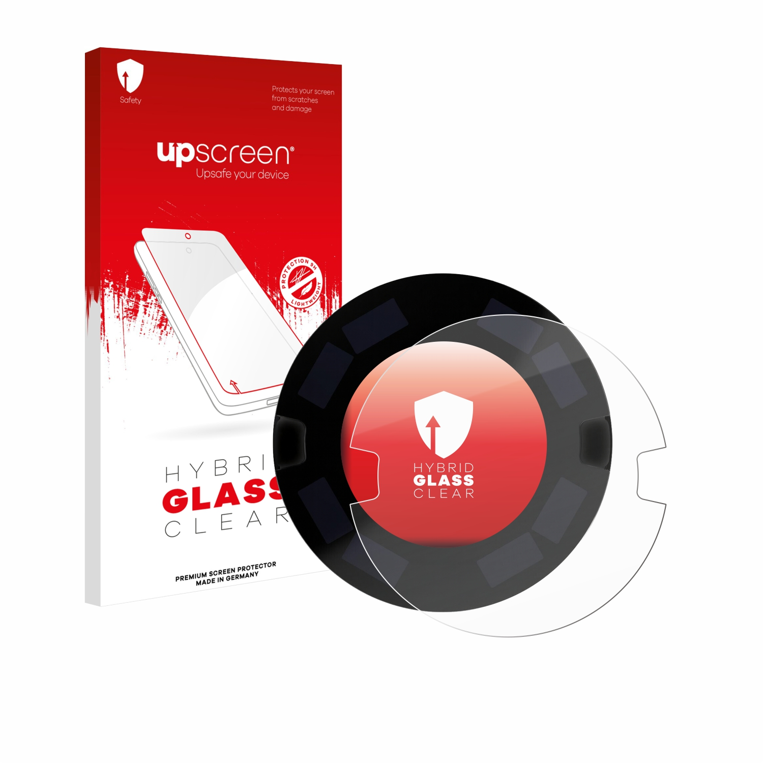 Eine Schirm-Schutzbox mit einem klaren Glasschutz. Text enthält 'upscreen' und 'Hybrid Glass Clear'.