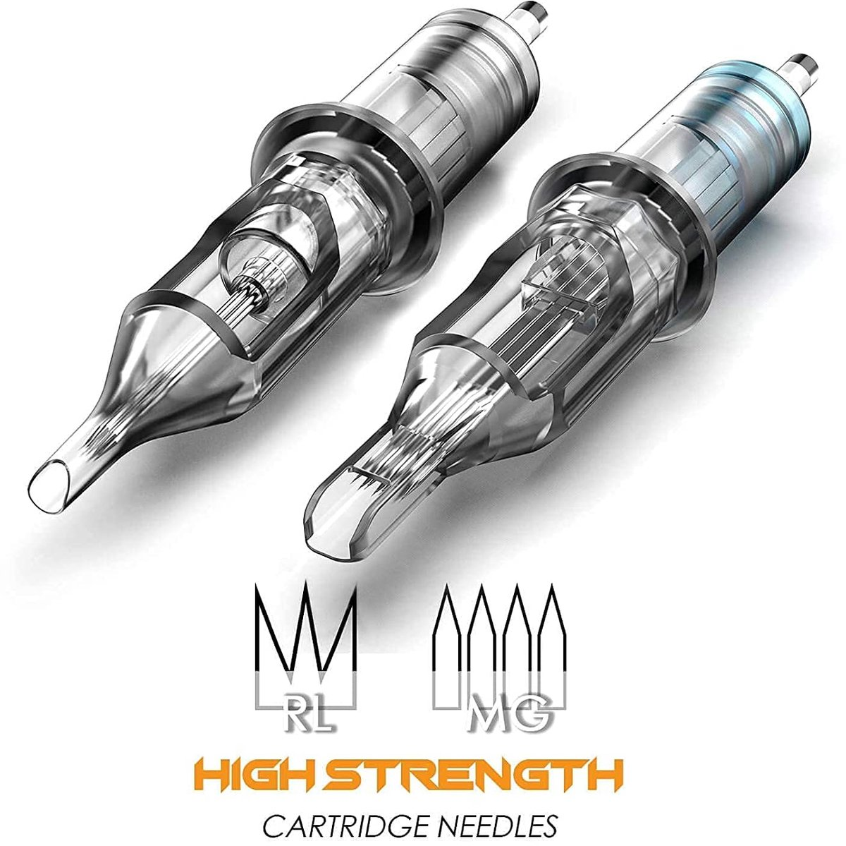Zwei transparente Tattoo-Kartuschennadeln mit Nadeldiagrammen und dem Text 'HIGH STRENGTH CARTRIDGE NEEDLES'.