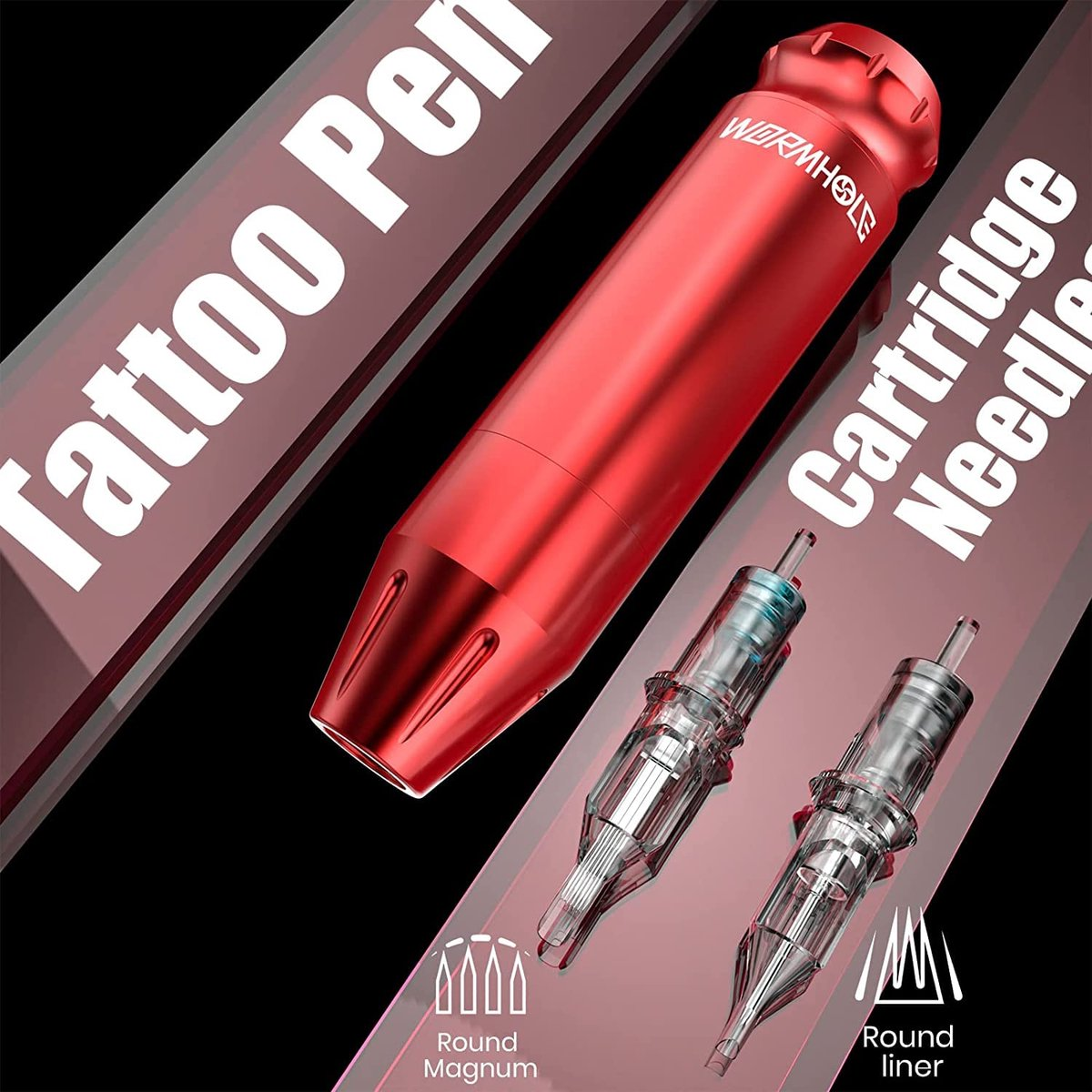 Ein roter Tätowierstift mit zwei transparenten Kartuschennadeln. Text enthält 'Wormhole', 'Cartridge Needle', 'Round Magnum' und 'Round Liner'.