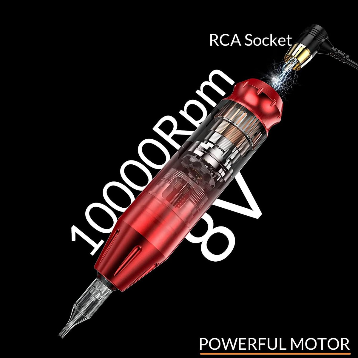 Rote Tätowiermaschine mit 10000 U/min und 8 V. RCA-Buchse mit Funken. Schwarzer Hintergrund. Leistungsstarker Motor.