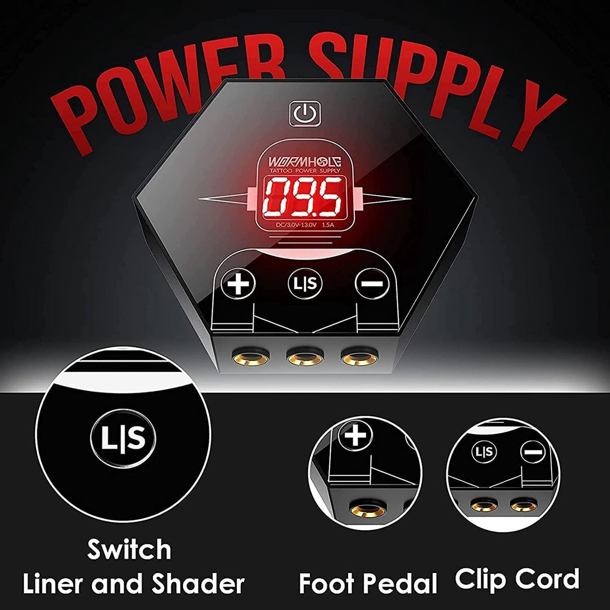 Ein schwarzes Netzteil mit rotem Text 'POWER SUPPLY'. Ein digitales Display zeigt '09.5'. Etiketten: 'Switch Liner and Shader'.