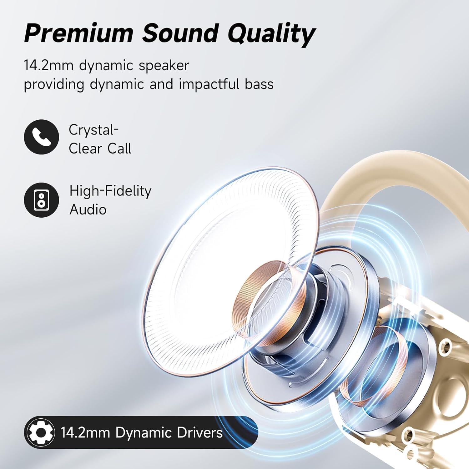 Das Bild zeigt Komponenten eines Ohrhörers mit Text: Premium Sound Quality, Crystal-Clear Call, High-Fidelity Audio und 14,2-mm-Dynamic-Treiber.