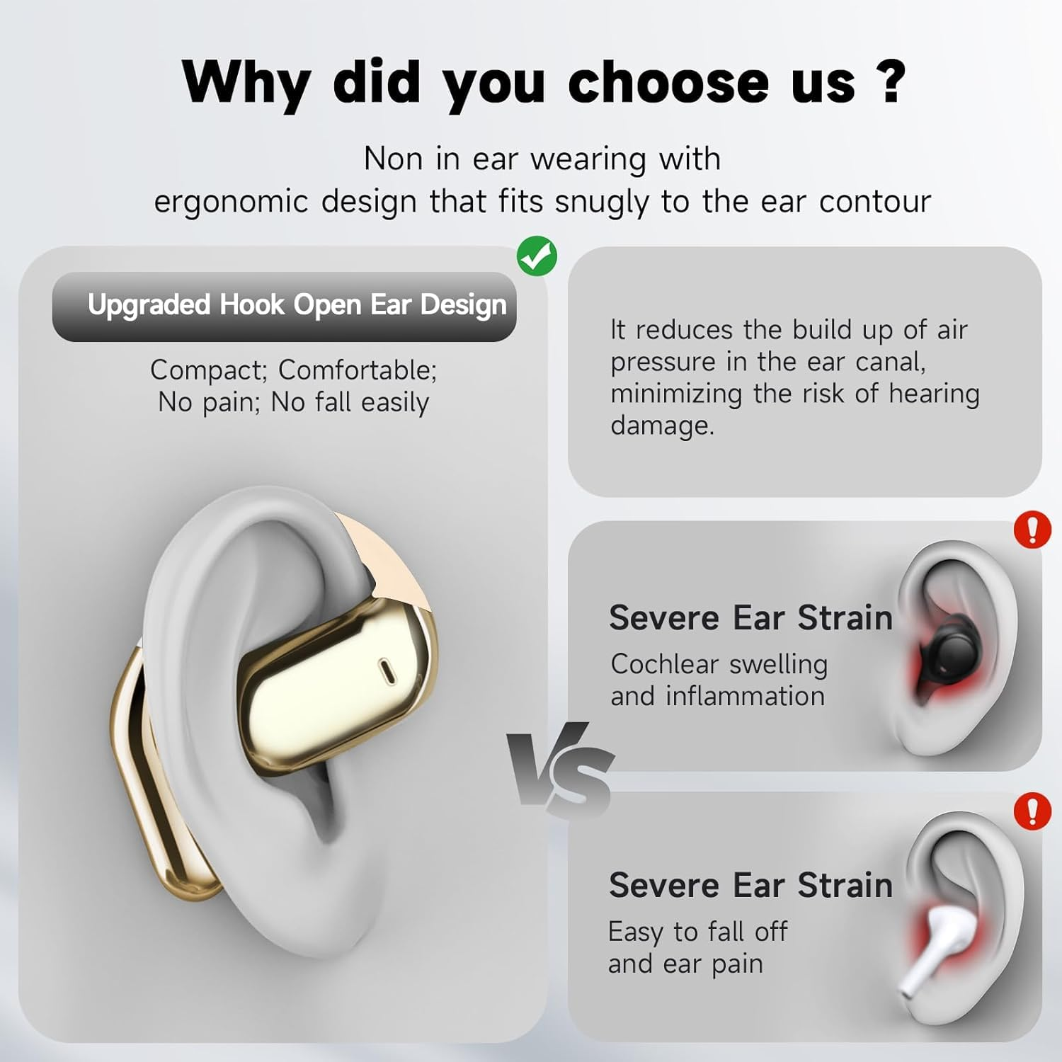 Das Bild vergleicht Ohrhörer-Designs. Eines hat ein verbessertes Haken-Design. Die anderen beiden zeigen schwere Ohrenbelastung.