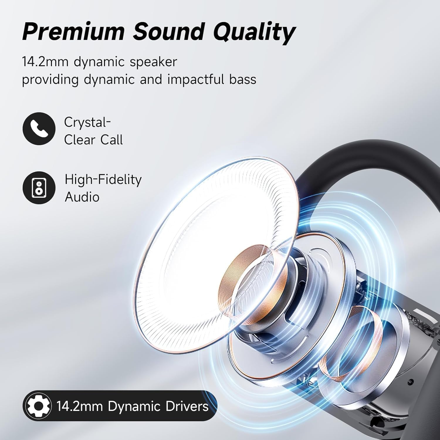 Nahaufnahme eines Lautsprechers mit Textüberlagerung. Text hebt Funktionen wie 'Premium Sound Quality', 'Crystal-Clear Call' und 'High-Fidelity Audio' hervor.