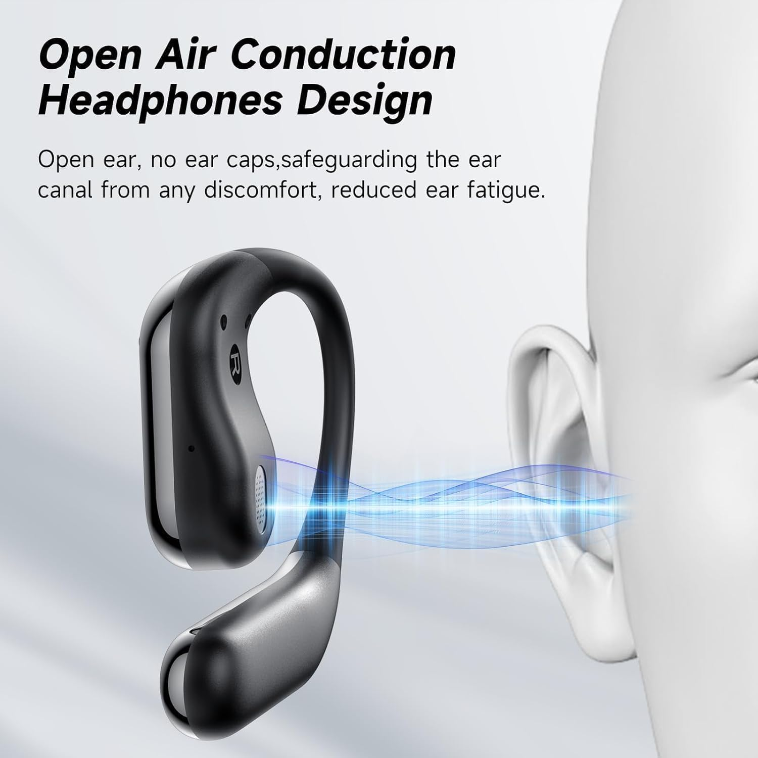 Ein schwarzer Kopfhörer auf weißem Hintergrund. Es ist ein Open-Ear-Design. Ein 3D-Modell-Ohr befindet sich rechts mit blauen Schallwellen.