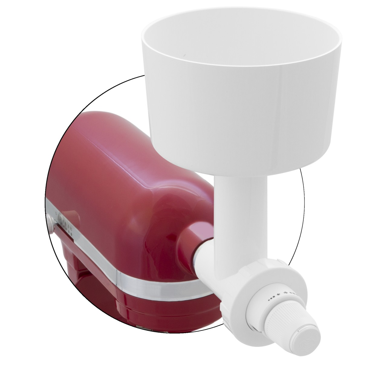 Ein roter Küchenmixer mit einem weißen Aufsatz. Der Aufsatz umfasst eine Schüssel und einen Mahlmechanismus.