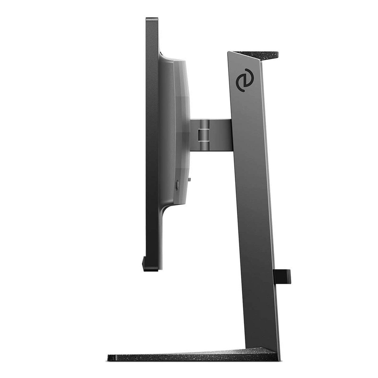 Widok z boku monitora komputerowego z ciemnoszarą podstawą i czarnym logo.