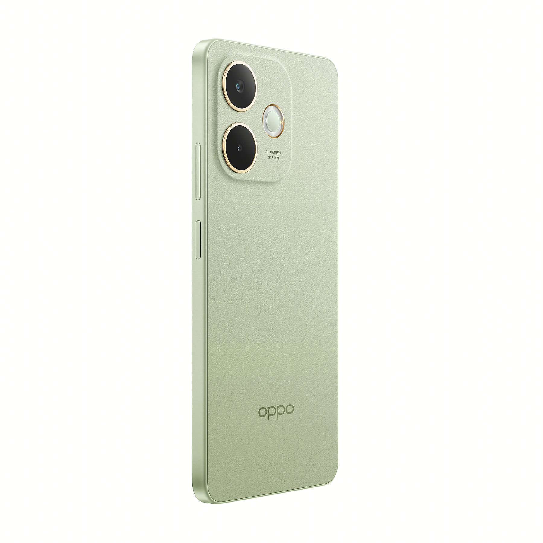 Hafif açılı, nane yeşili bir akıllı telefon. Birden fazla kamera merceği ve arkada Oppo logosu var.