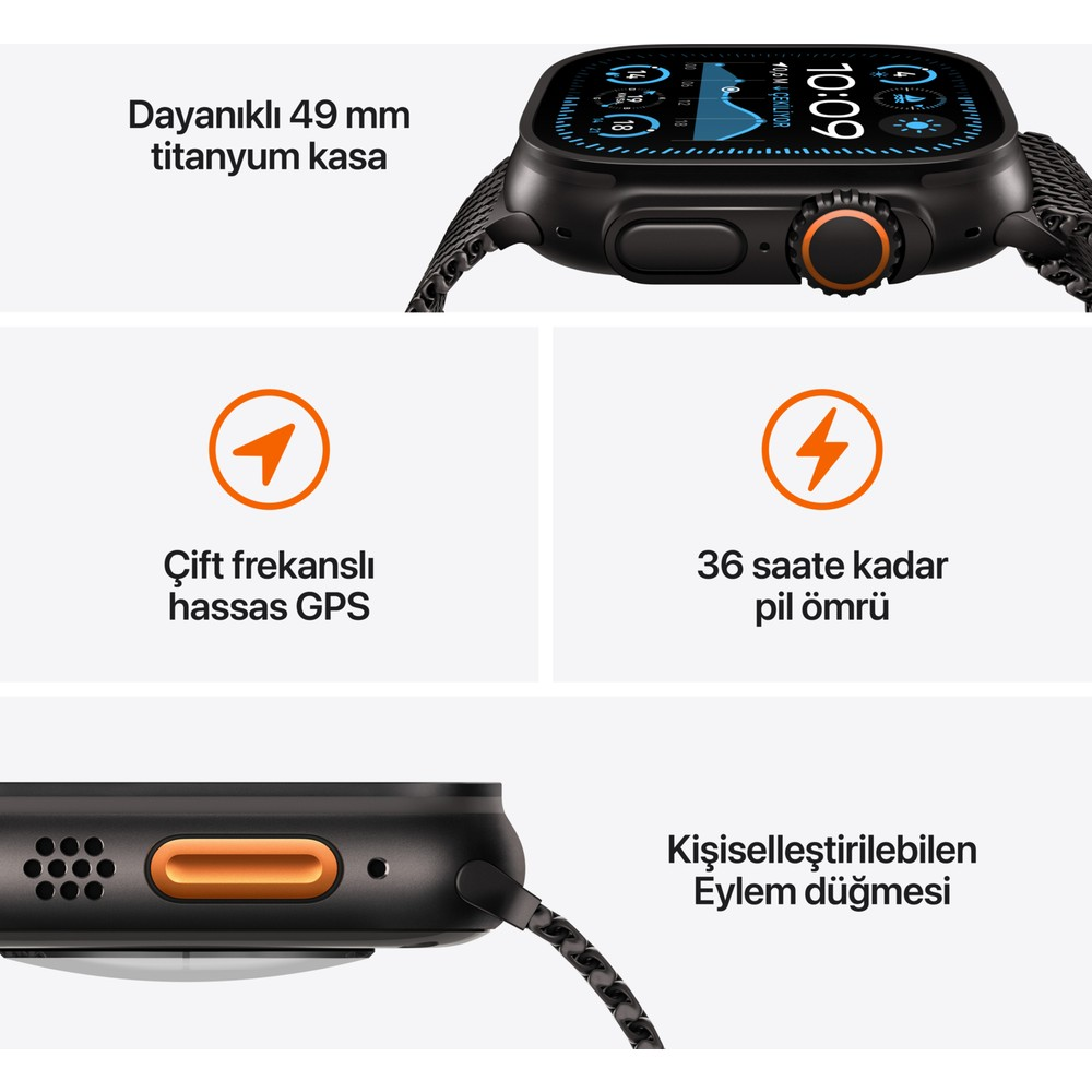 Turuncu detaylı siyah akıllı saat. GPS, 36 saat pil ömrü ve özelleştirilebilir eylem düğmesi gibi özellikler.