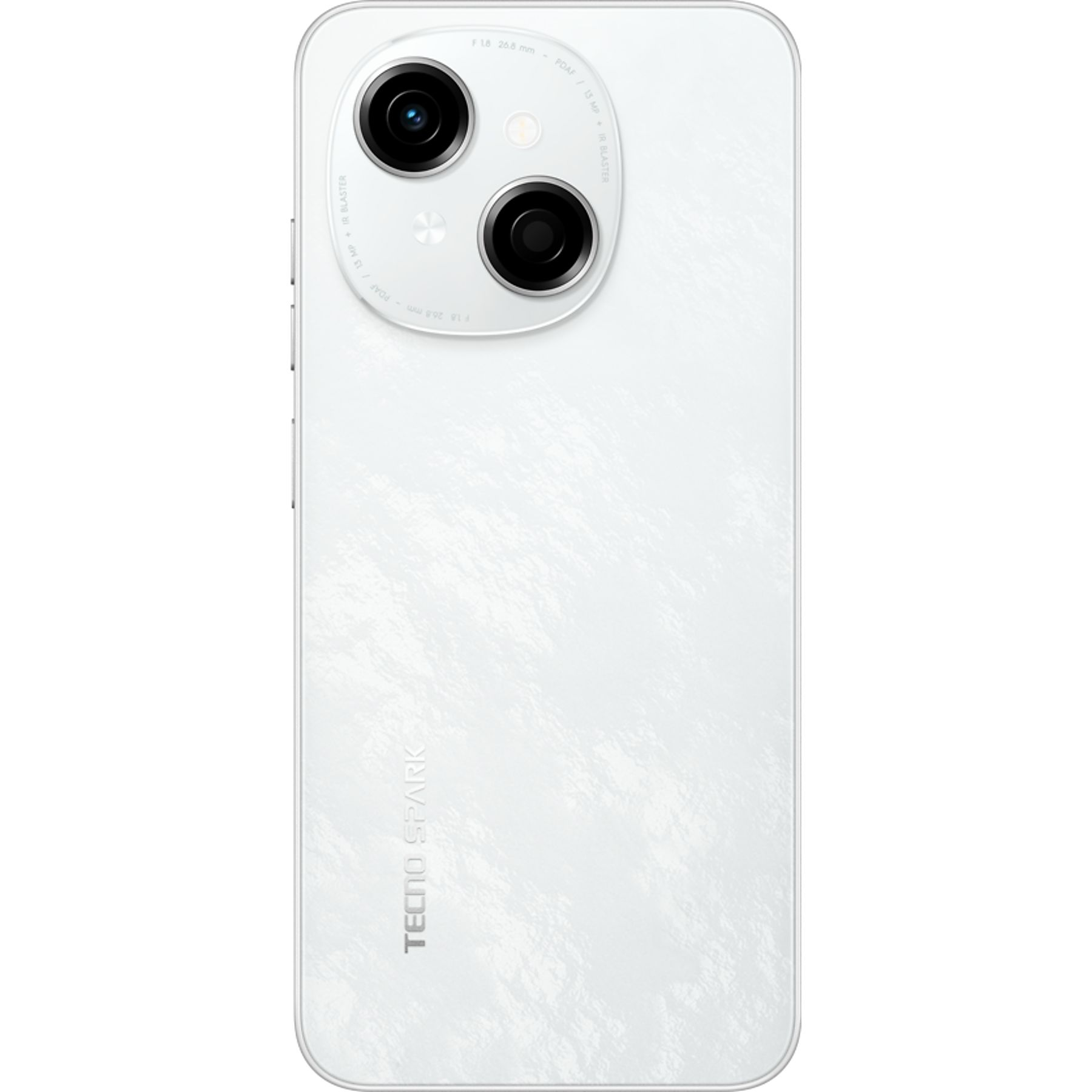 Üç kamera lensi olan beyaz bir akıllı telefon arkası. TECNO SPARK markası altta basılıdır.