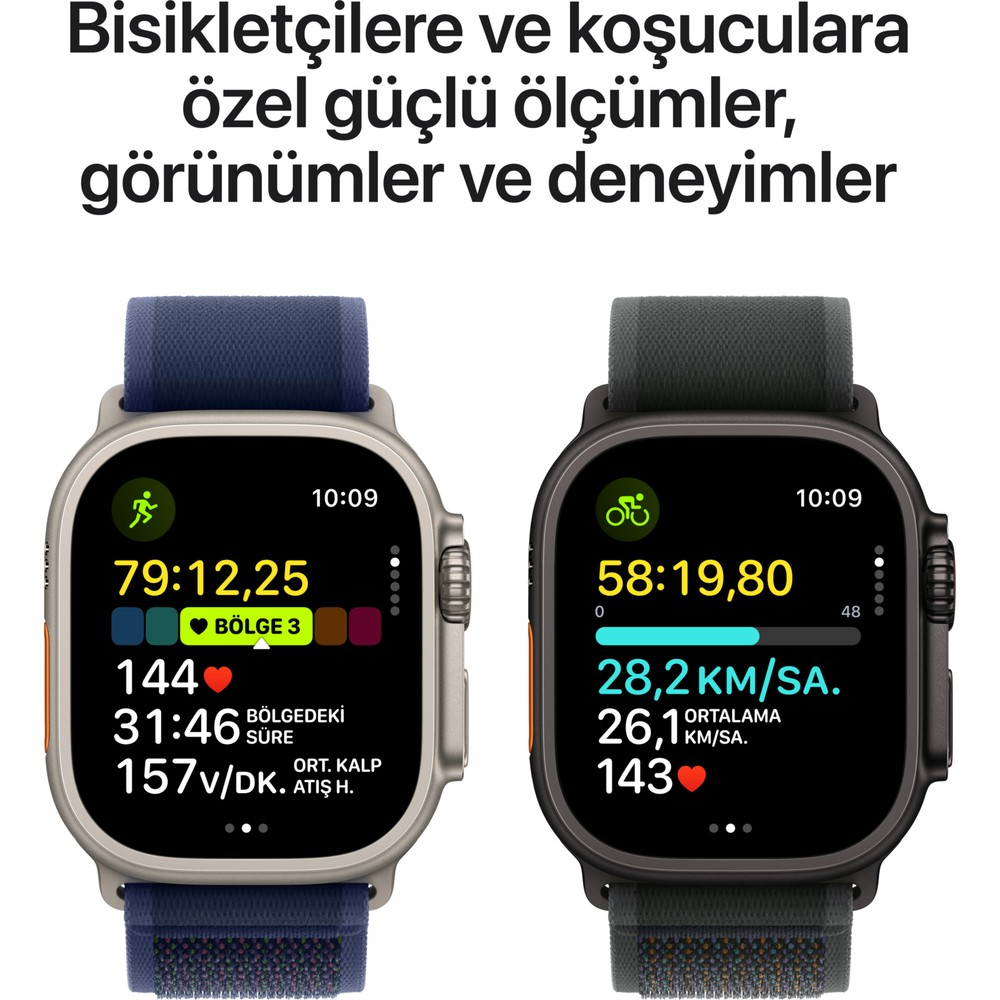 İki akıllı saat egzersiz verilerini gösteriyor. Soldaki koşu metriklerini; sağdaki bisiklet metriklerini, her ikisi de zamanı, kalp atış hızını ve hızı gösteriyor.