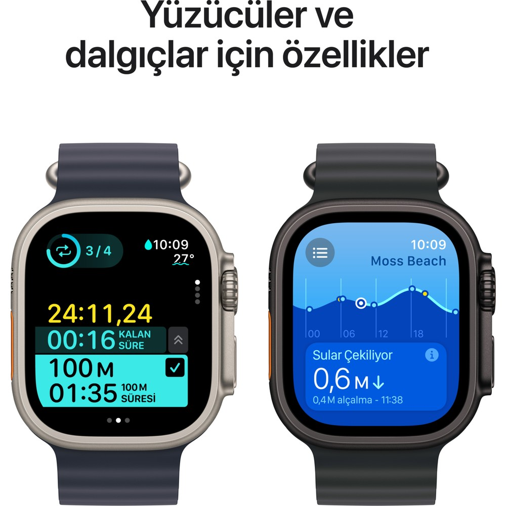 İki akıllı saat bilgi gösteriyor. Biri yüzme verilerini, diğeri gelgit bilgilerini gösteriyor. Her ikisi de siyah kayışlara ve metal kasalara sahip, beyaz zemin üzerinde.