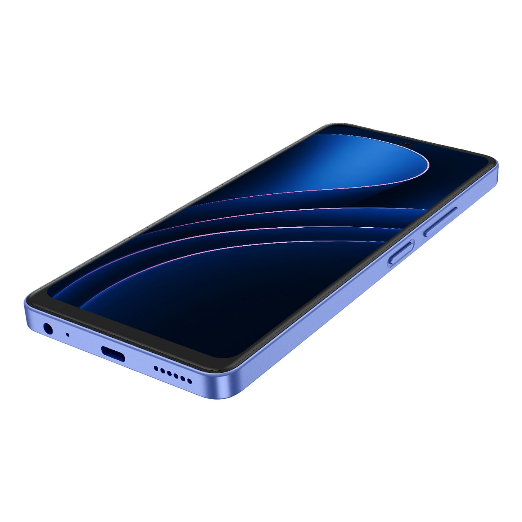 Mavi bir akıllı telefon çapraz olarak gösteriliyor. Ekranı pembe çizgili koyu mavi. Telefon beyaz bir arka plan üzerinde.