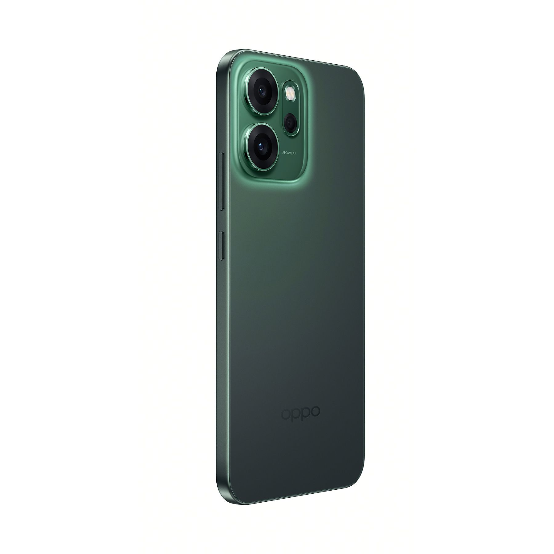 Yeşil Oppo telefon, iki kamera, bir flaş ve Oppo logosu.