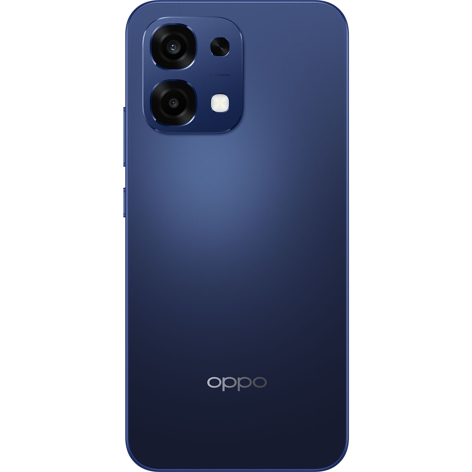 Kamera dizisine sahip koyu mavi bir Oppo akıllı telefonun arkası. Oppo logosu altta.