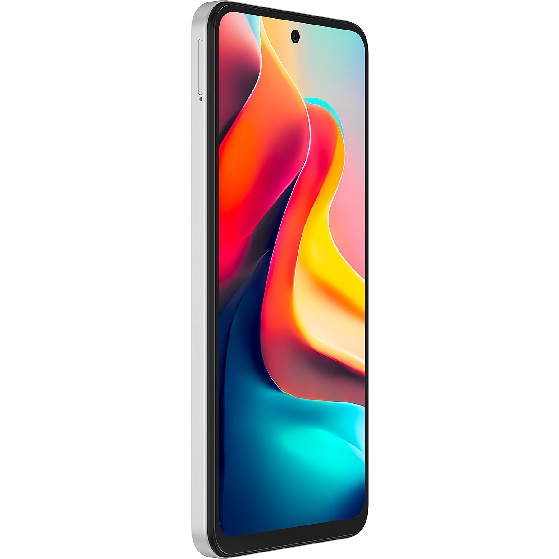 Siyah çerçeveli beyaz bir akıllı telefon. Ekran, renkli soyut şekiller gösteriyor. Telefon sağa doğru açılı.