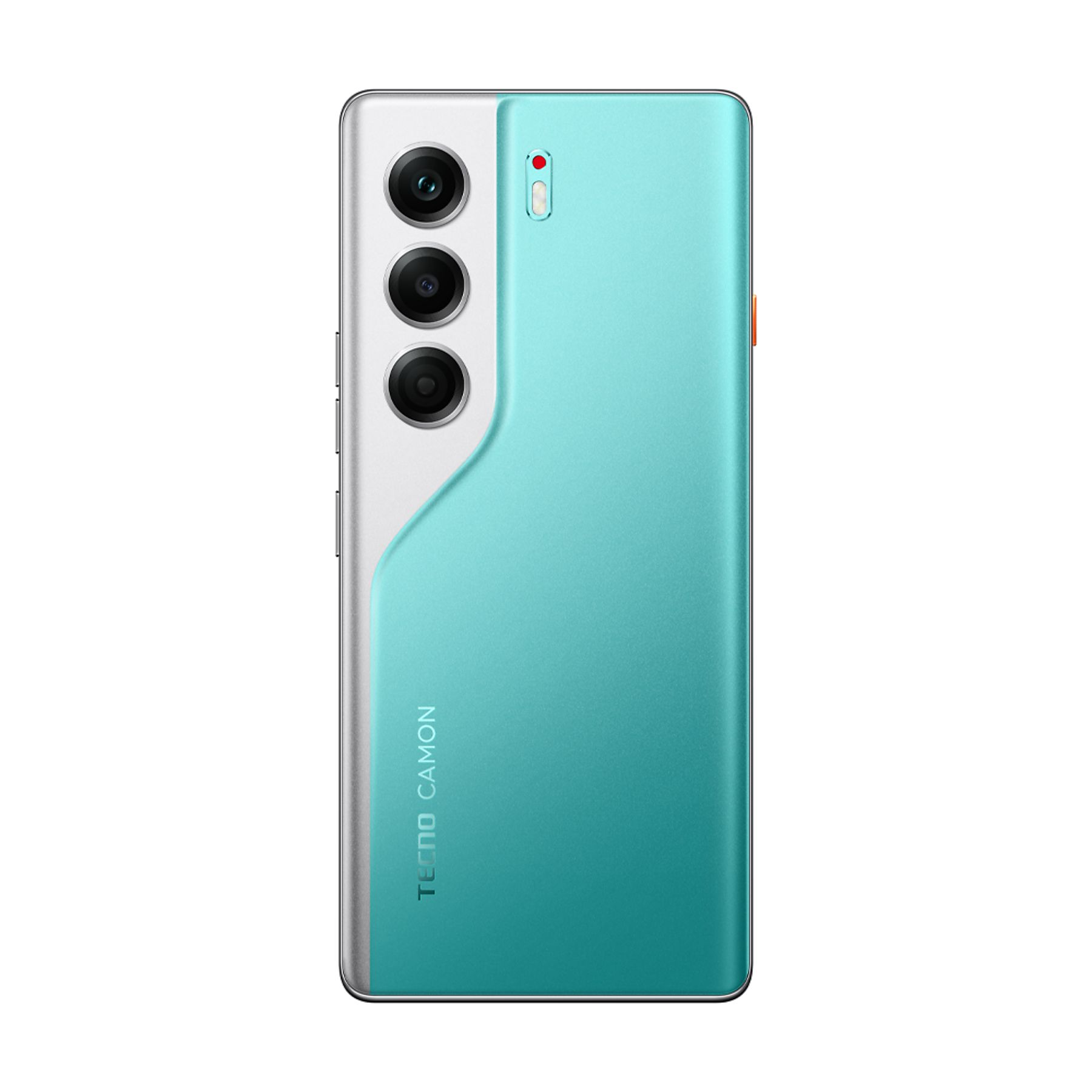 Üç lensli turkuaz bir akıllı telefon. TECNO CAMON marka adı yan tarafta yazılı.